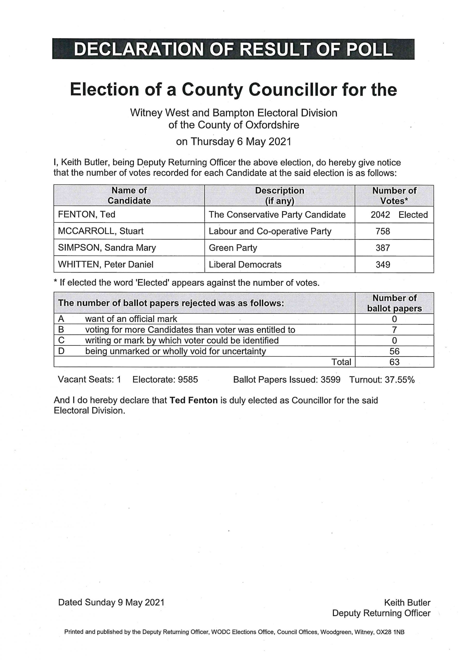 County Council Election Results Witney West and Bampton