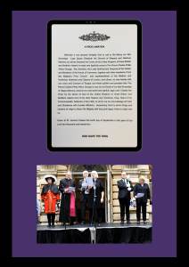 Photograph of the proclamation document read by Deputy Lord Lieutenant Mr Rod Walker which reads: Whereas it has pleased almighty God to call to his mercy our late Sovereign lady Queen Elizabeth II of blessed and glorious memory, by whose decease the Crown of the United Kingdom of Great Britain and Northern Ireland is solely and rightfully come to the Prince Charles Philip Arthur George. We, therefore, the lords spiritual and temporal of this realm, and members of the House of Commons, together with other members of Her late Majesty’s Privy Council, and representatives of the realms and territories, aldermen, and citizens of London and others, do now hereby, with one voice and consent of tongue and heart, publish and proclaim that the Prince Charles Philip Arthur George, is now, by the death of our late Sovereign of happy memory, become our only lawful and rightful liege lord, Charles III, by the grace of God, of the United Kingdom and Northern Ireland, and of his other realms and territories, King, head of the Commonwealth, defender of the faith, to whom we do acknowledge all faith and obedience with humble affection, beseeching God, by whom kings and queens do reign, to bless His Majesty with long and happy years to reign over us.