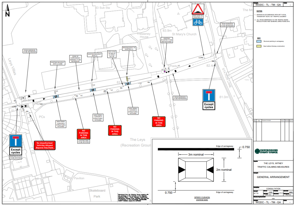 map of proposed speed calming measures on The Leys