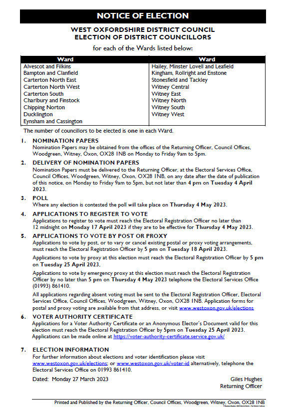 District notice of election with list of District Councillor wards