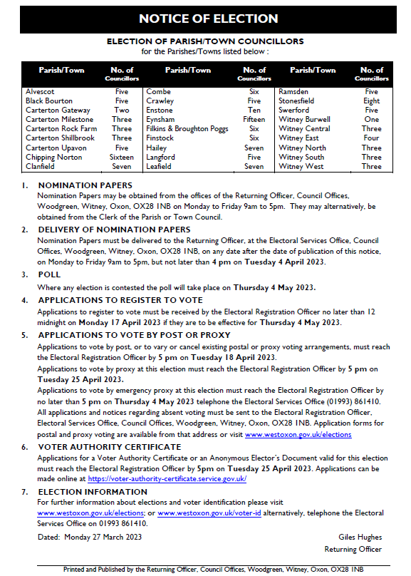 Parish notice of election with wards and numbers of councillors