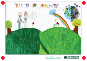 Child's drawing of smoke free play with people and rainbow