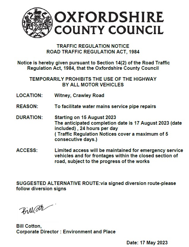 Temporary Road Closure – Crawley Road – Witney Town Council