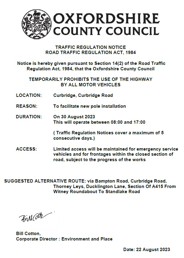 Temporary Road Closure Curbridge Road Witney Town Council