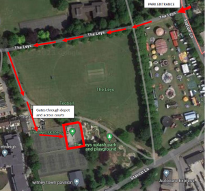 Map showing route to the leys for construction traffic. Traffic will use the access road and then pass through the Town Council depot and through the tennis courts