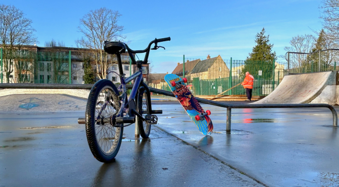 BMX Bike and Skateboard at the site of the new all wheeled sports park
