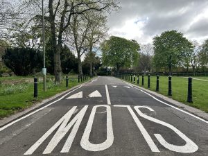 The speed hump on the road alongside the Leys