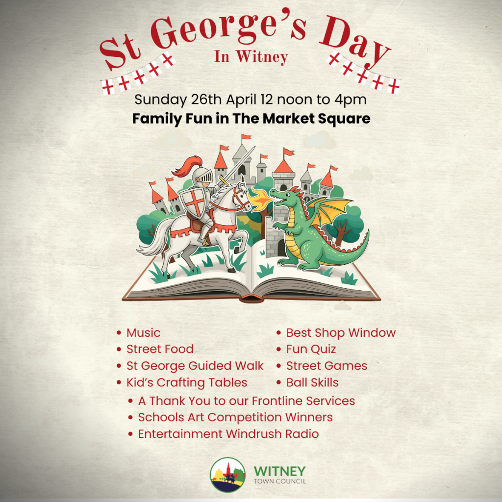poster showing a picture book image of St George and Dragon and details of the events on Sunday as in the paragraphs 